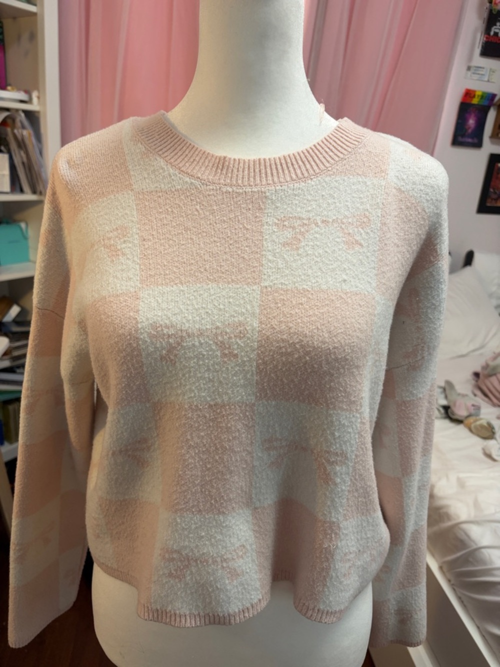 Sincerly Jules Pink & Cream Checkered Bow Crewneck Sweater